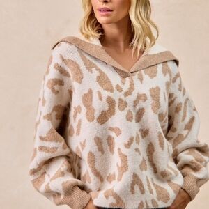 BiBi Tan and Cream V-Neck Soft Fuzzy Sweater, Size Small